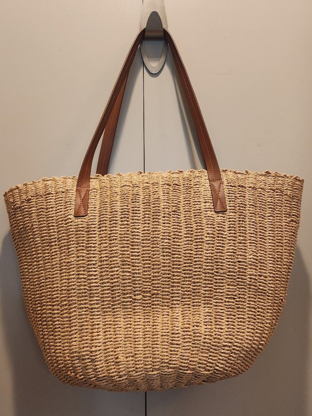 NWT J. Crew Large Straw Tote Bag With Leather Handles - Picture 2 of 9